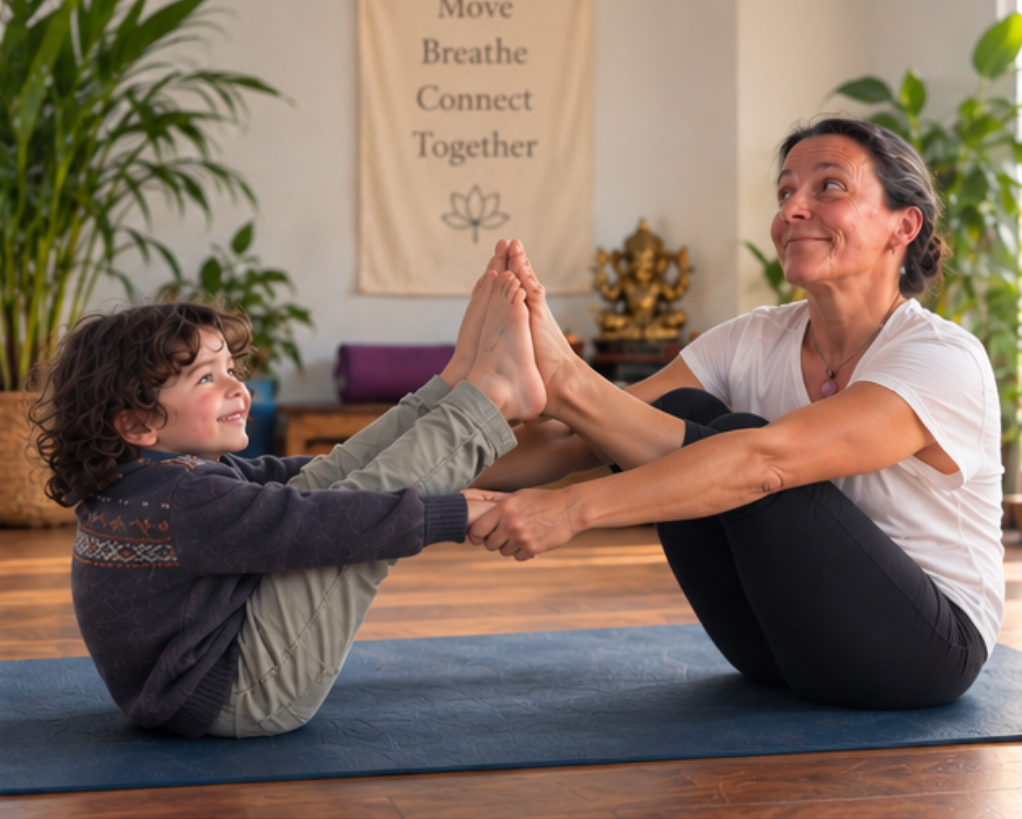 A parent and child practising a partner yoga pose together on a blue mat