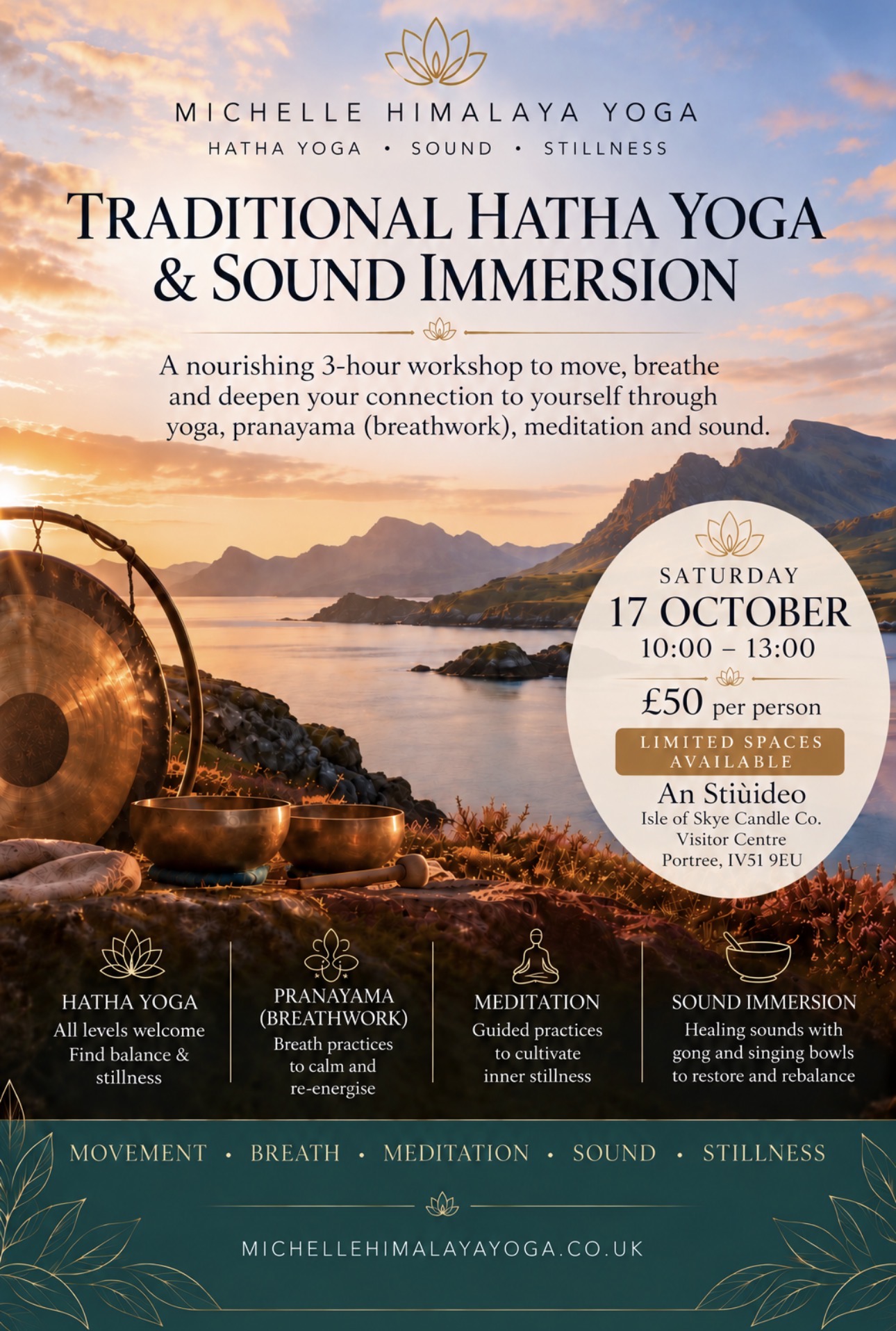 Flyer for Traditional Hatha Yoga and Sound Immersion in Portree on Saturday 17 October, 10am to 1pm