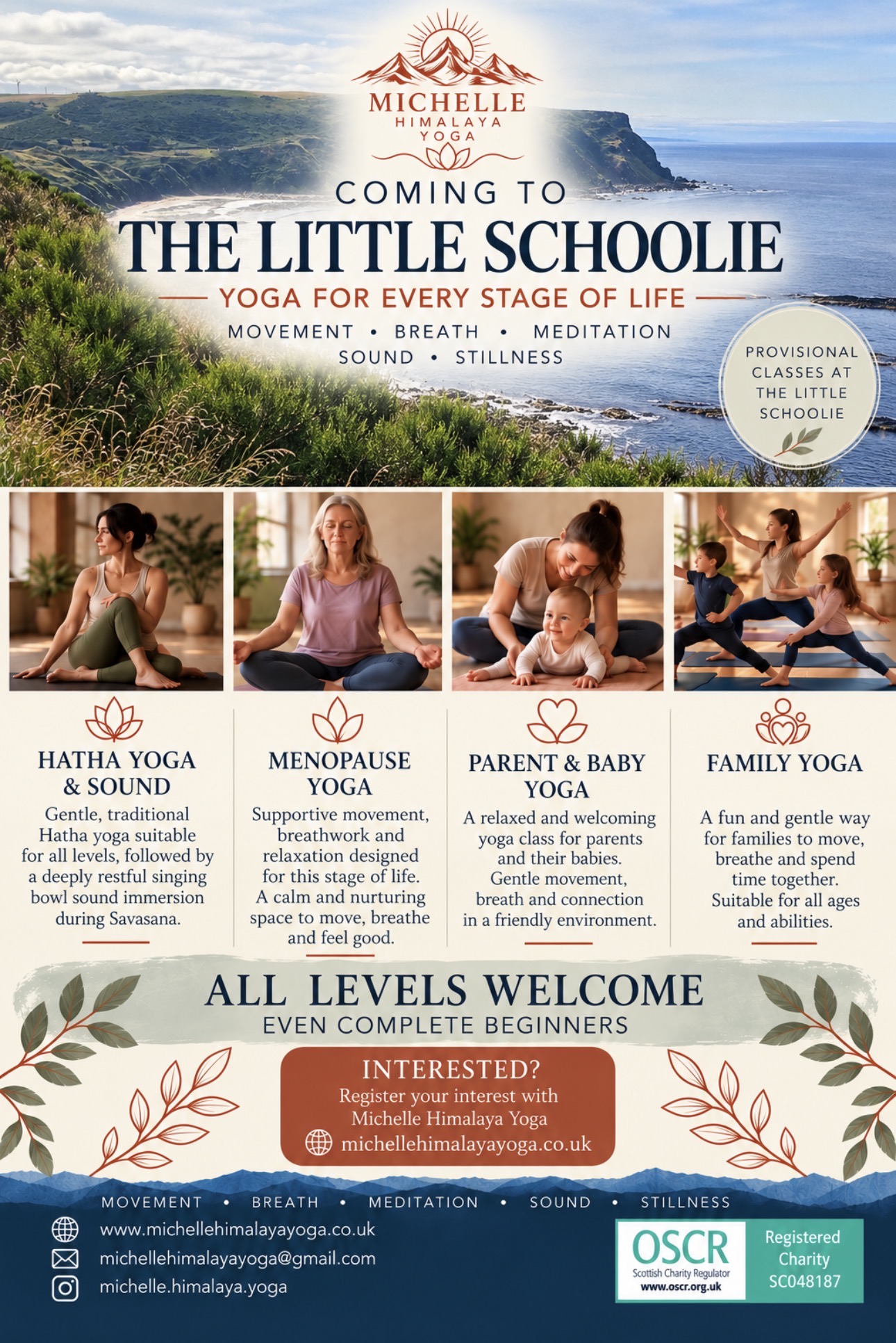 Flyer for provisional yoga classes at The Little Schoolie with Michelle Himalaya Yoga: Hatha Yoga & Sound, Menopause Yoga, Parent & Baby Yoga and Family Yoga, with all levels welcome and complete beginners encouraged to register their interest