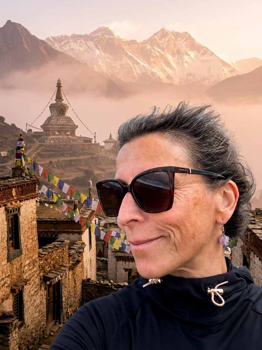 Michelle in the Himalayas of Nepal, with a hillside stupa, prayer flags and snow-capped peaks behind her