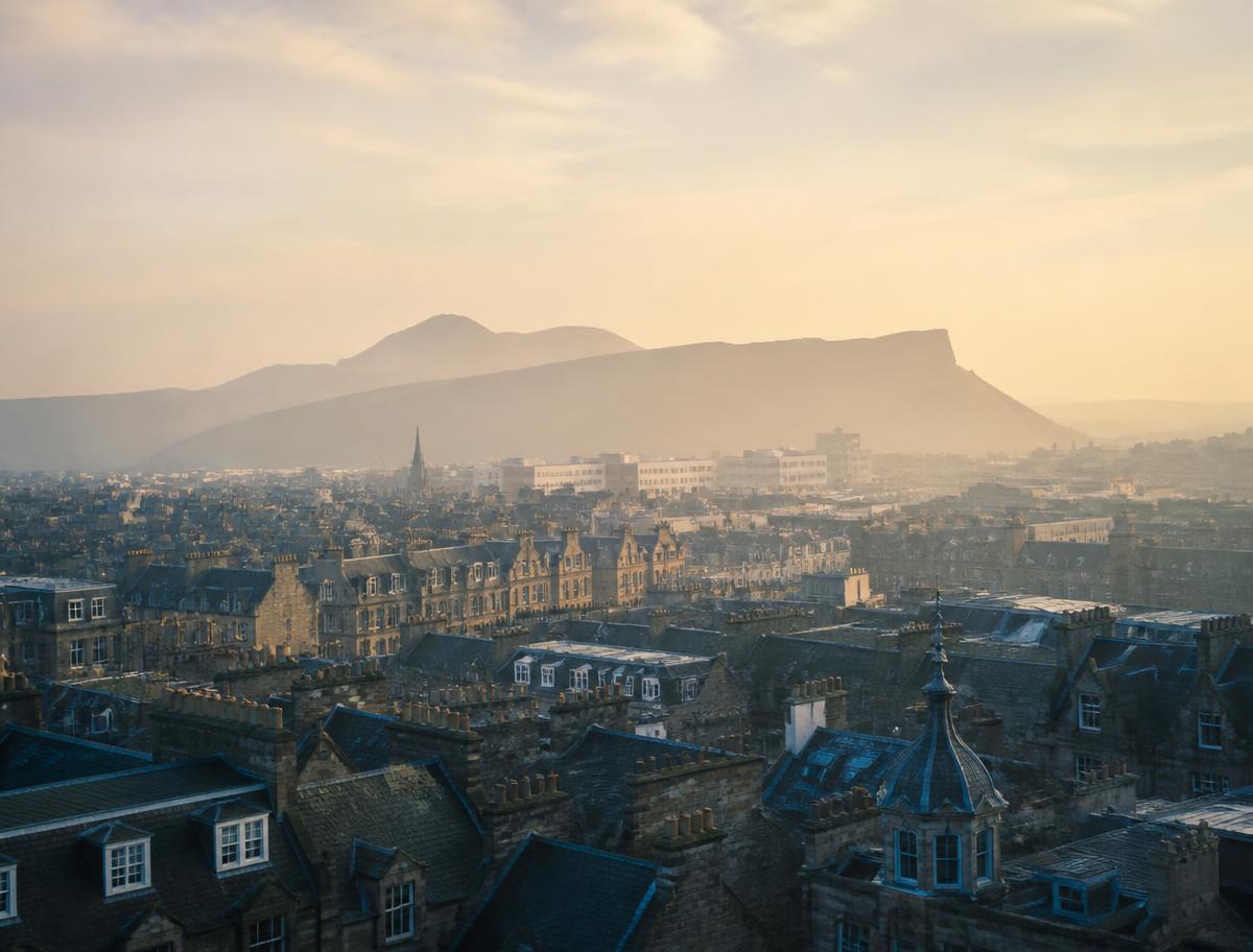 Edinburgh old town rooftops with Arthur's Seat in morning haze