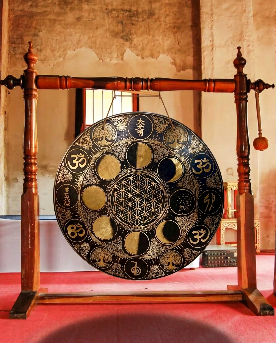 A handmade Nepalese gong resting in a carved wooden stand with a mallet