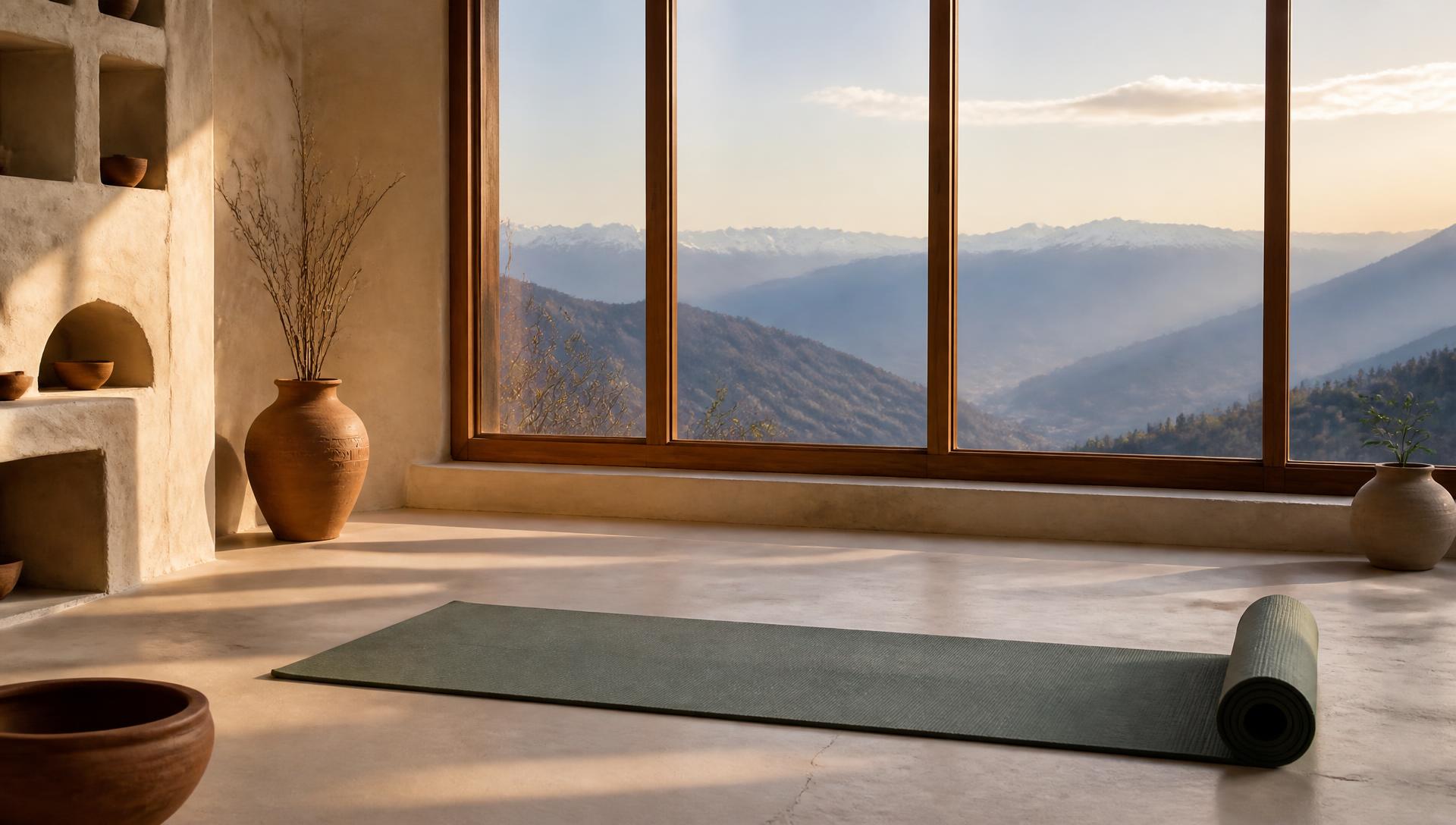 Sunlit ivory yoga room with a sage green mat and Himalayan mountains beyond tall windows