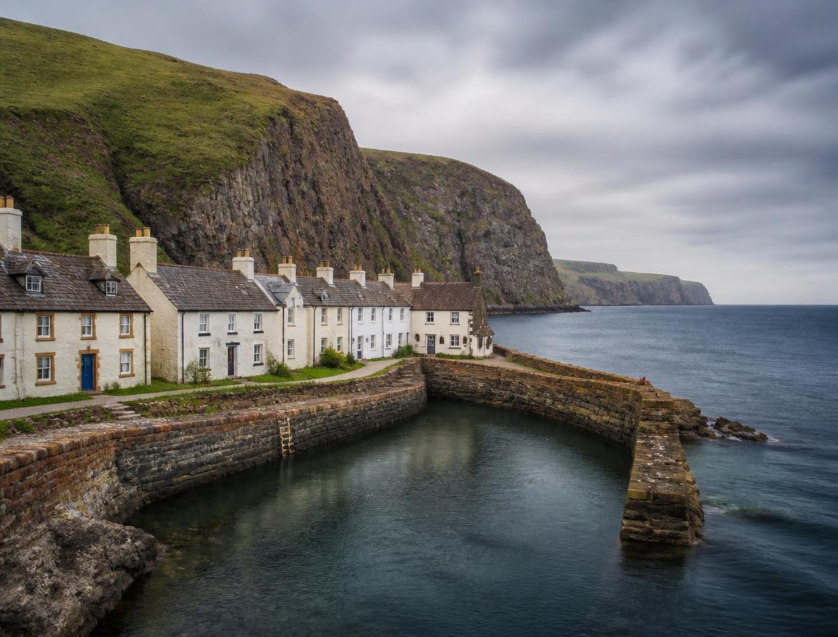 White cottages along the stone harbour at Pennan beneath coastal cliffs
